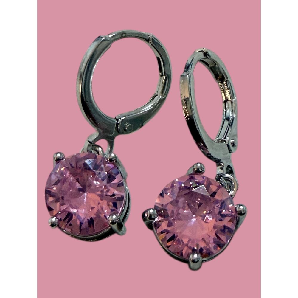 925 Stamped Silver Plated Pink CZ Jewelry Earrings - Picture 2 of 5